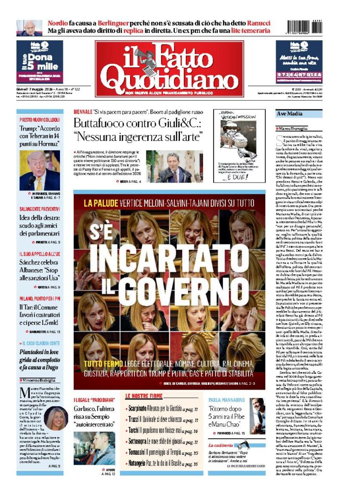 Copertina de Il Fatto Quotidiano di Gio 7 Maggio 2026