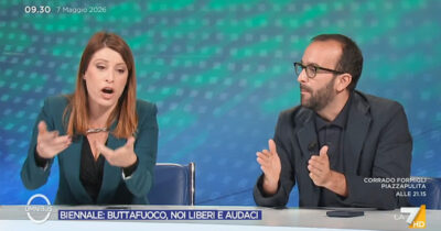 Copertina di Biennale, scontro Cerasa-Piccolotti. “Israele è una democrazia, la Russia no”. “La democrazia non dà licenza di genocidio”. Su La7