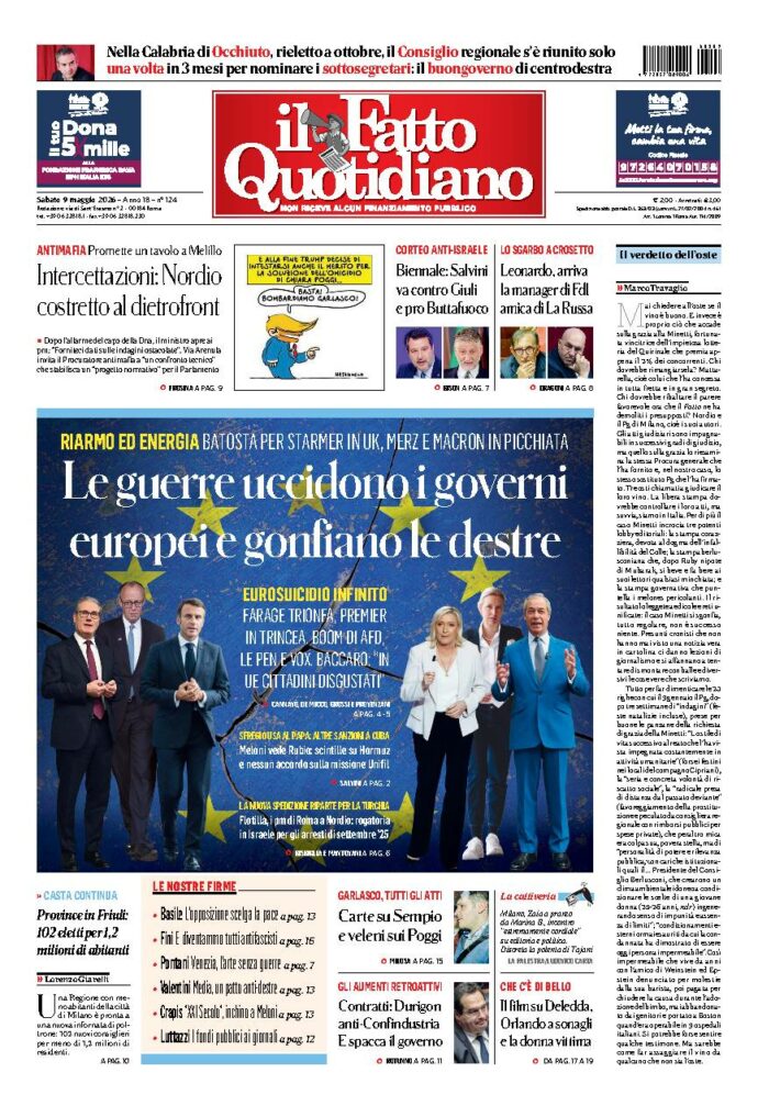 Copertina de Il Fatto Quotidiano di sabato 9 Maggio 2026