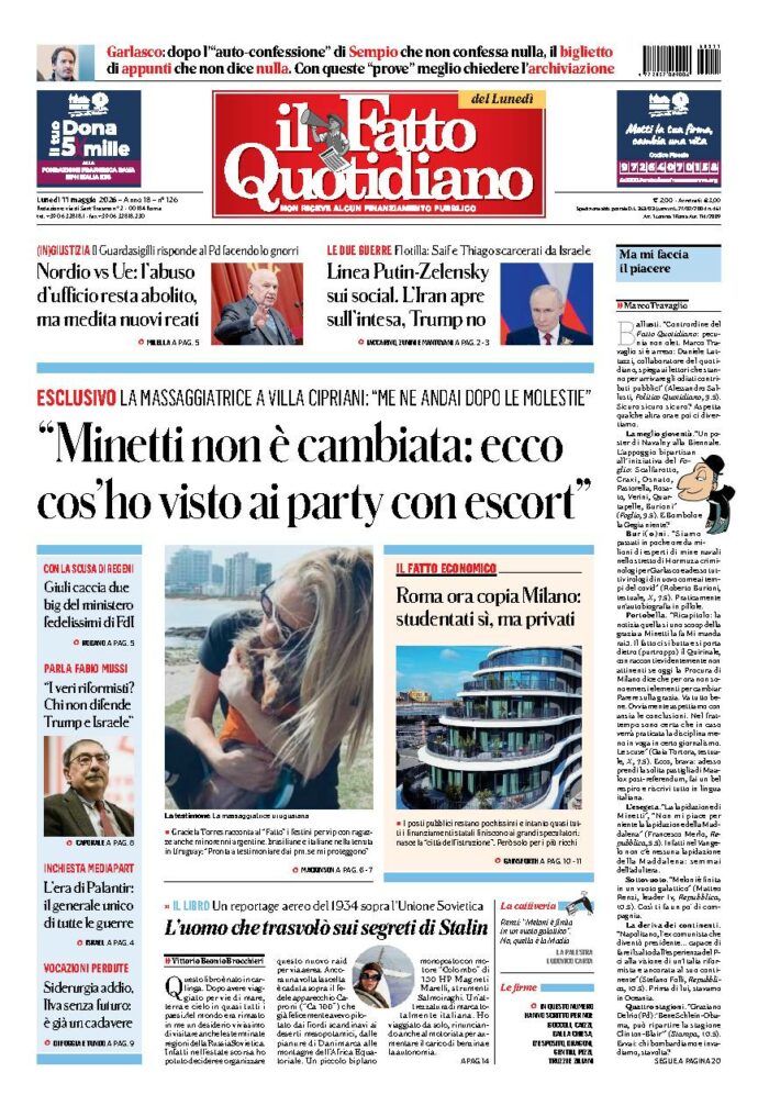 Copertina de Il Fatto Quotidiano di lunedì 11 Maggio 2026