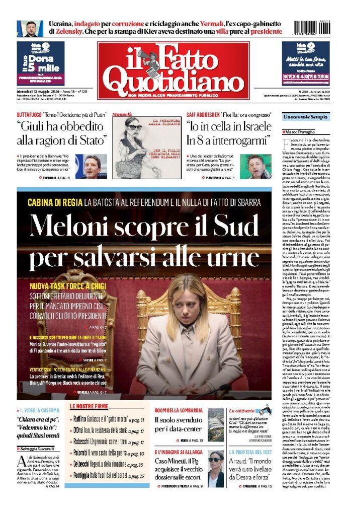 Copertina de Il Fatto Quotidiano di mercoledì 13 Maggio 2026