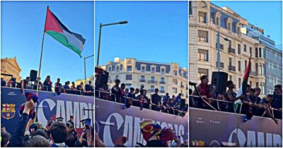 Copertina di Yamal prende una bandiera palestinese da un tifoso e la sventola sul bus scoperto: il gesto durante i festeggiamenti del Barcellona