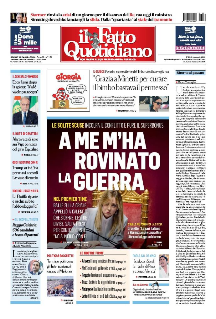 Copertina de Il Fatto Quotidiano di giovedì 14 Maggio 2026