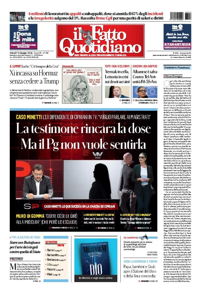 Copertina de Il Fatto Quotidiano di venerdì 15 Maggio 2026