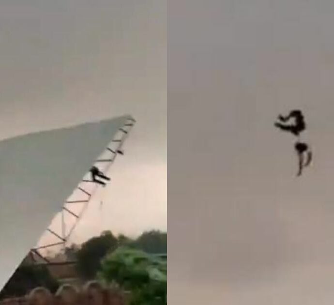 Si scatena una tempesta improvvisa, uomo vola via spinto dai venti insieme alla struttura che stava montando per riparare un matrimonio dalla pioggia – VIDEO