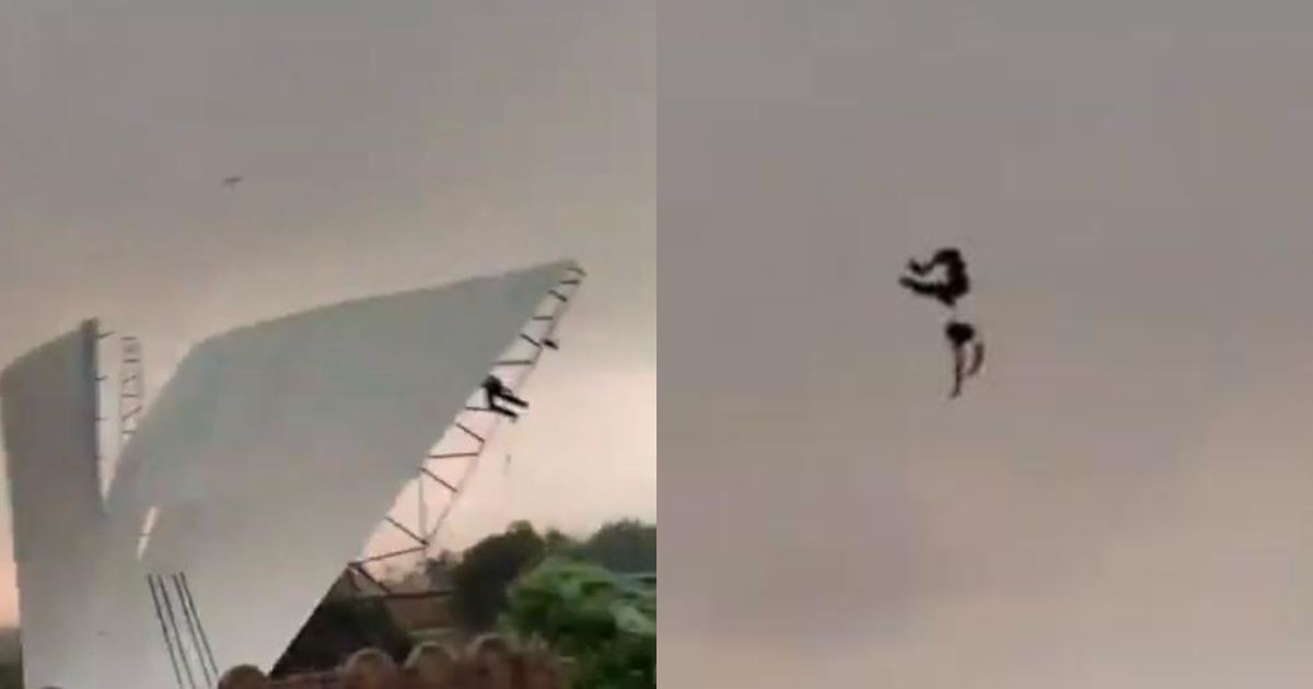 Si scatena una tempesta improvvisa, uomo vola via spinto dai venti insieme alla struttura che stava montando per riparare un matrimonio dalla pioggia – VIDEO