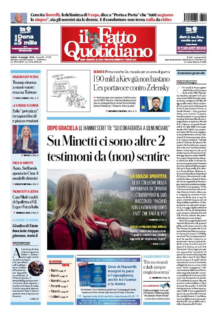 Copertina de Il Fatto Quotidiano di sabato 16 Maggio 2026