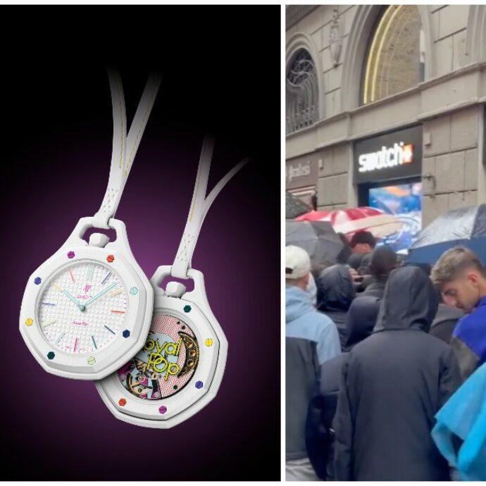 “Costa 385 euro, lo rivendo a 1100”: centinaia di persone in coda tutta la notte e scene di caos urbano per l’uscita del nuovo Swatch “Royal Pop” in collaborazione con Audemars Piguet – VIDEO