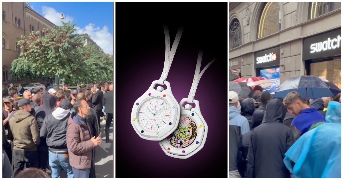“Costa 385 euro, lo rivendo a 1100”: centinaia di persone in coda tutta la notte e scene di caos urbano per l’uscita del nuovo Swatch “Royal Pop” in collaborazione con Audemars Piguet – VIDEO