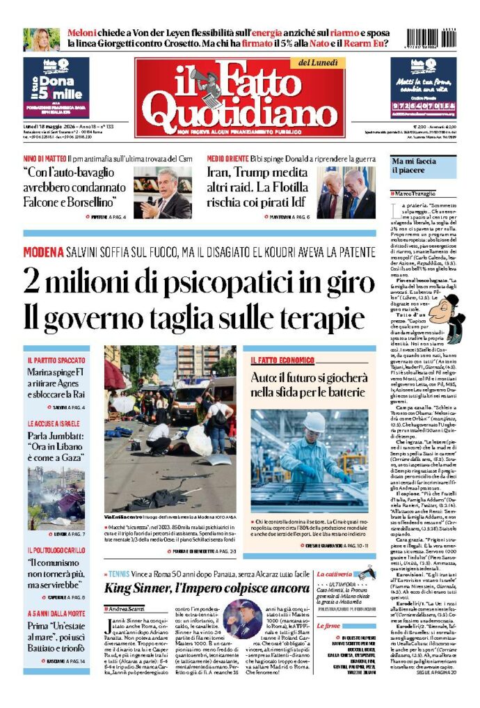 Copertina de Il Fatto Quotidiano di lunedì 18 Maggio 2026