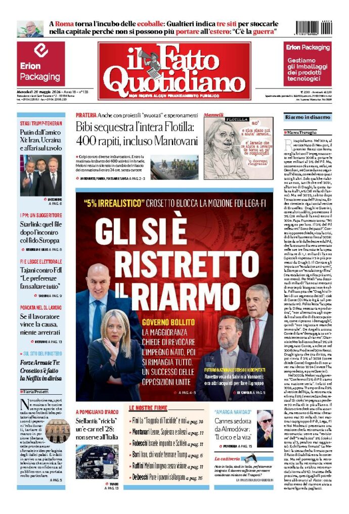Copertina de Il Fatto Quotidiano di mercoledì 20 Maggio 2026