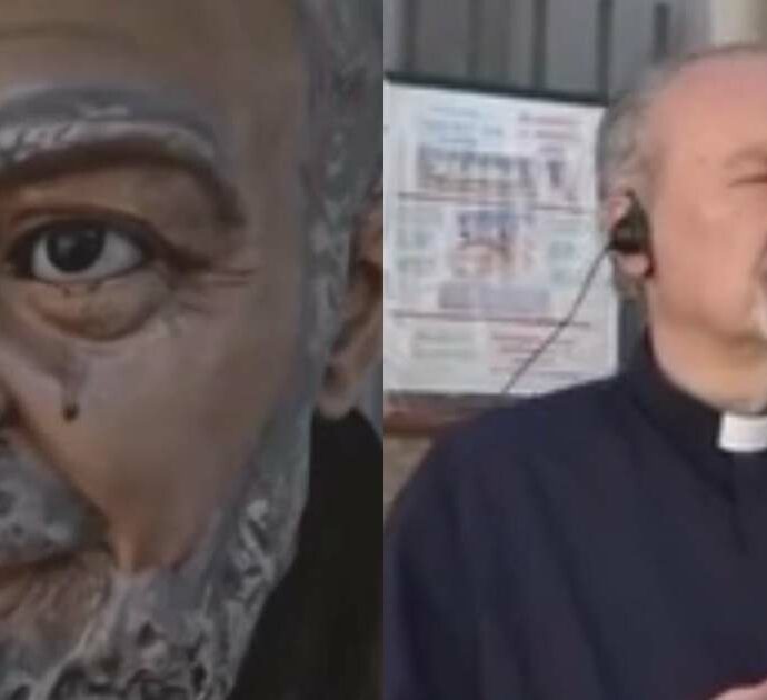 “La Curia poi vedrà se c’è emoglobina dentro quella lacrima”: il parroco di Casalba a Mattino5 per parlare della presunta lacrimazione della statua di Padre Pio