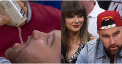 Copertina di Birra scolata davanti alle telecamere, l’improvviso pisolino durante la partita NBA: Taylor Swift si imbarazza al fianco del futuro marito Travis Kelce