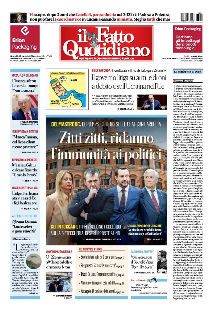 Copertina de Il Fatto Quotidiano di giovedì 28 Maggio 2026