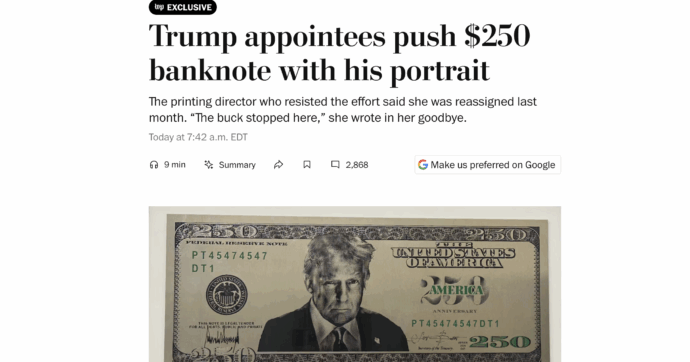 Trump vuole il suo volto sulla banconota da 250 dollari: il prototipo è già pronto al Tesoro