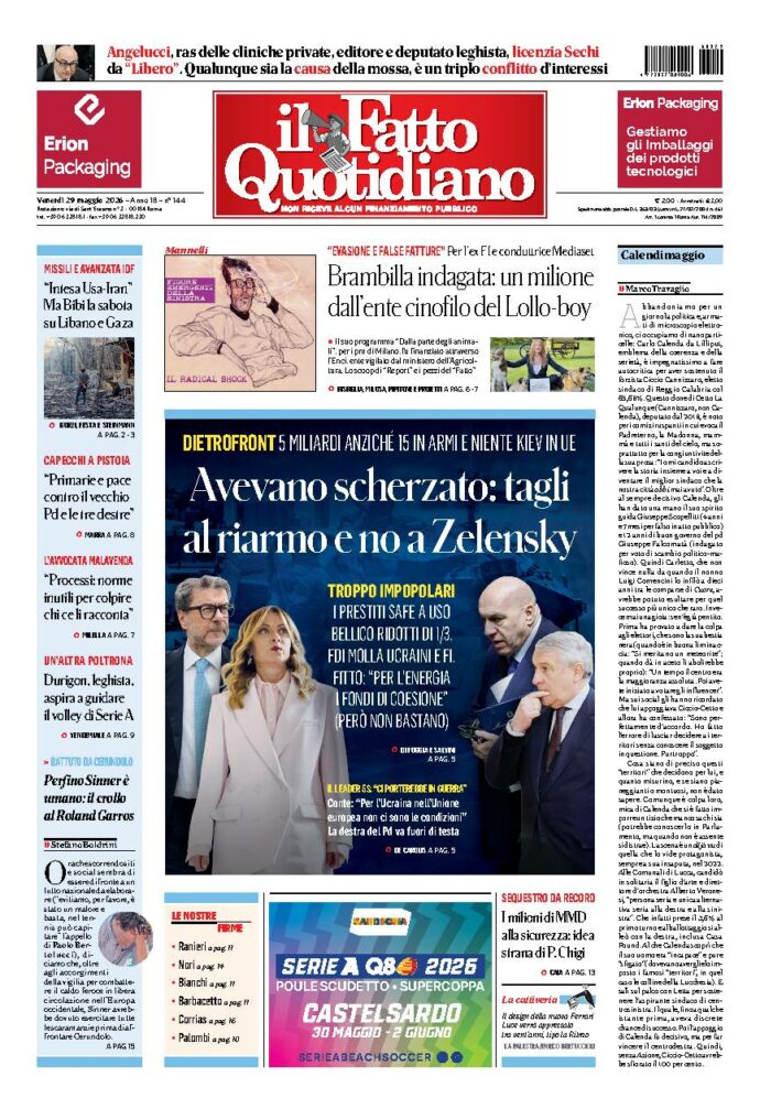 Copertina de Il Fatto Quotidiano di venerdì 29 Maggio 2026