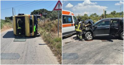 Copertina di Scuolabus si ribalta dopo lo scontro con un suv: 19 feriti tra cui 14 bambini. Conducente senza patente e senza assicurazione