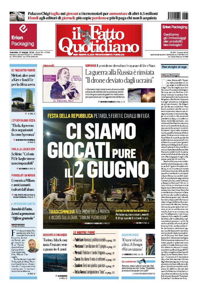 Copertina de Il Fatto Quotidiano di domenica 31 Maggio 2026