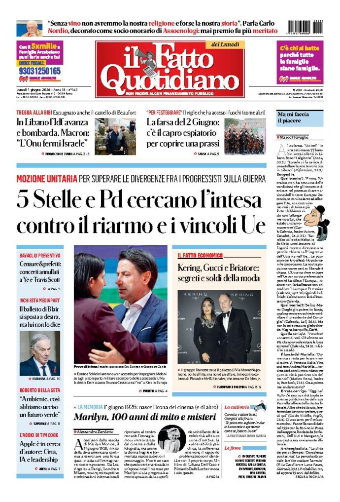 Copertina de Il Fatto Quotidiano di lunedì 1 Giugno 2026