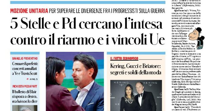 5 Stelle e Pd  cercano l’intesa contro  il riarmo e i  vincoli  Ue
