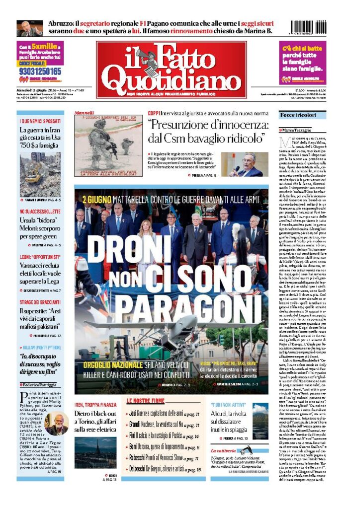 Copertina de Il Fatto Quotidiano di mercoledì 3 Giugno 2026