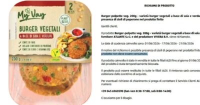 Copertina di “Attenzione, possono contenere steli di peperone”: lotti di burger vegetali MyVay ritirati dai supermercati Aldi