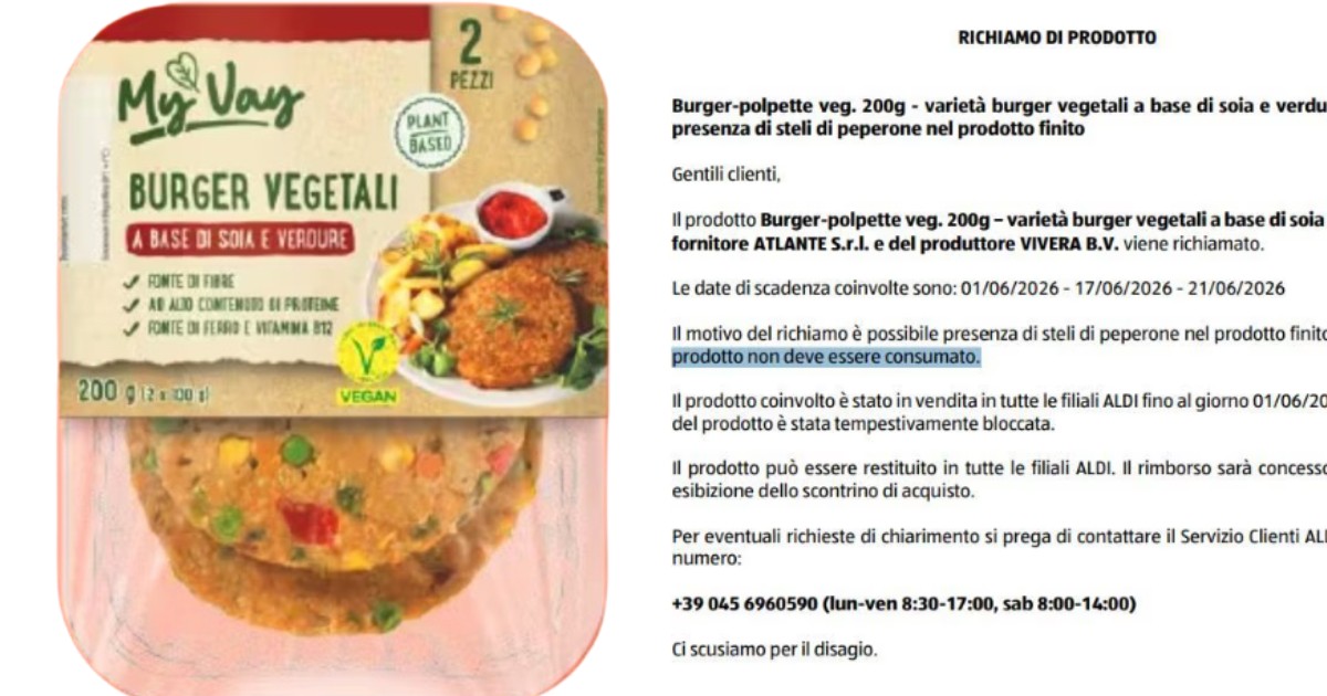 “Attenzione, possono contenere steli di peperone”: lotti di burger vegetali MyVay ritirati dai supermercati Aldi