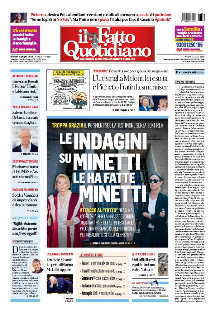 Copertina de Il Fatto Quotidiano di giovedì 4 Giugno 2026