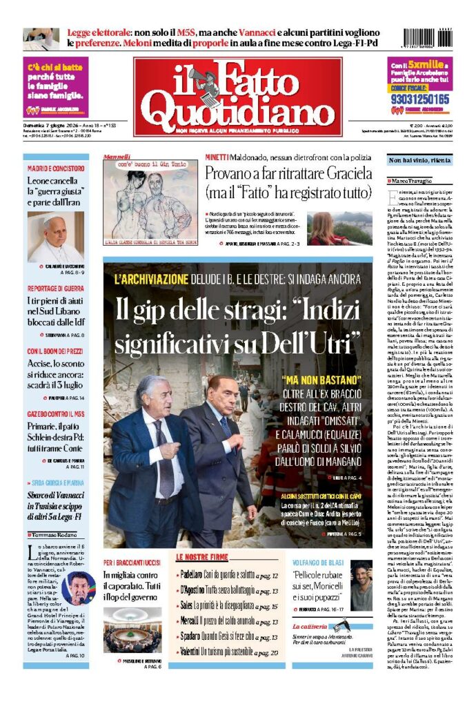 Copertina de Il Fatto Quotidiano di domenica 7 Giugno 2026
