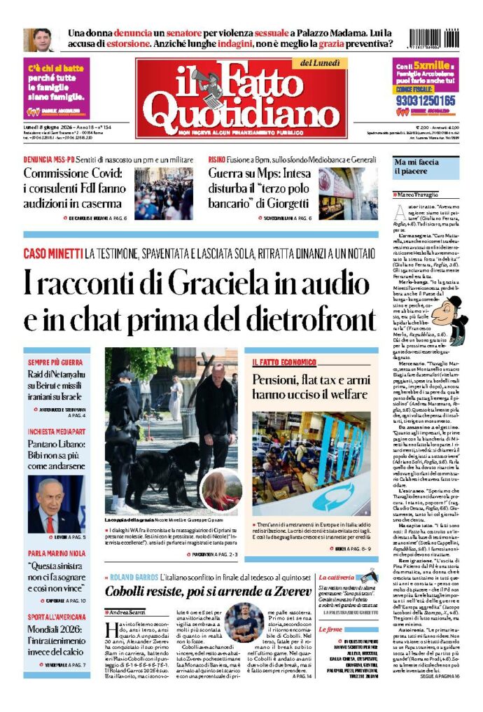 Copertina de Il Fatto Quotidiano di Lun 8 Giugno 2026