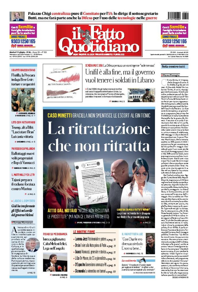 Copertina de Il Fatto Quotidiano di martedì 9 Giugno 2026