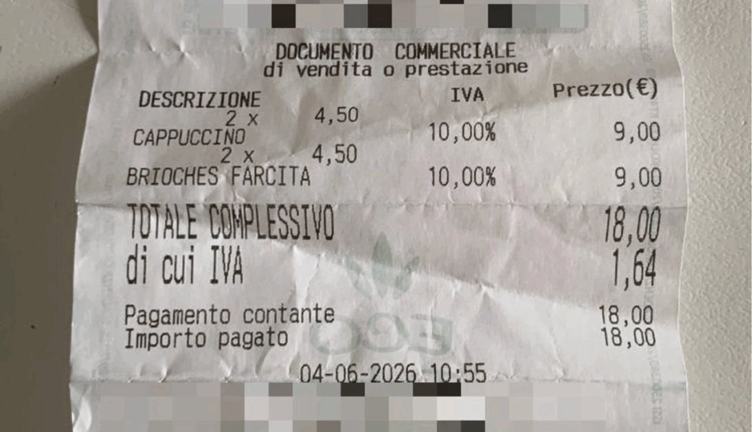 18 euro per due cappuccini e due brioche: lo scont