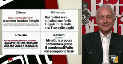 Copertina di Caso Minetti, Travaglio a La7: “Giornali di destra e ‘de sinistra’ festeggiano il tentativo di Cipriani di far chiudere Il Fatto”