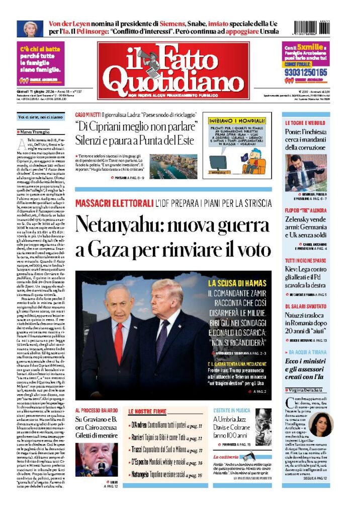Copertina de Il Fatto Quotidiano di giovedì 11 Giugno 2026
