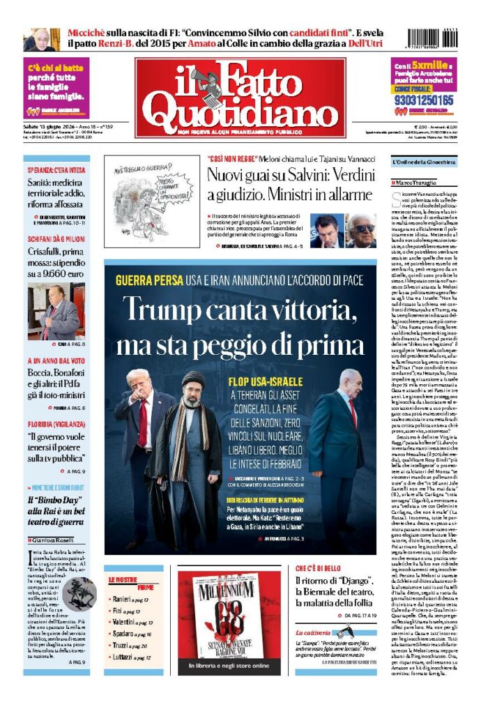 Copertina de Il Fatto Quotidiano di sabato 13 Giugno 2026
