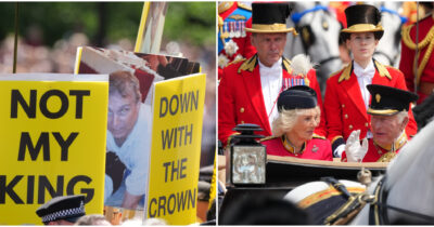 Copertina di Trooping the Colour 2026, la parata di compleanno di re Carlo III salutata da migliaia di londinesi. Tra la folla alcuni oppositori della monarchia con la foto di Andrea