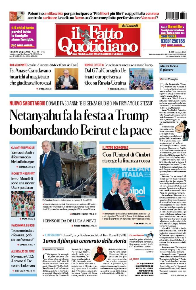 Copertina de Il Fatto Quotidiano di Lun 15 Giugno 2026