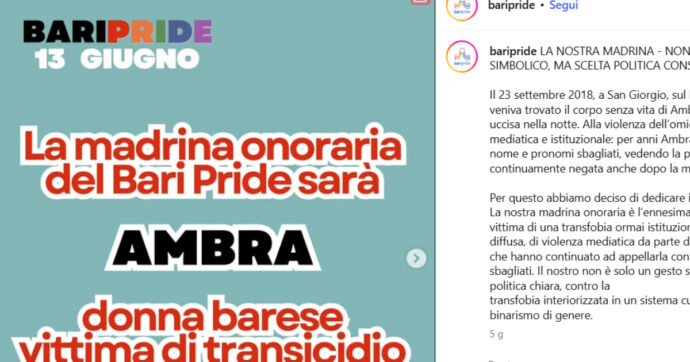 Il Bari Pride 2026 dedicato ad Ambra Dentamaro, ragazza trans uccisa nel 2018: una storia mai risolta