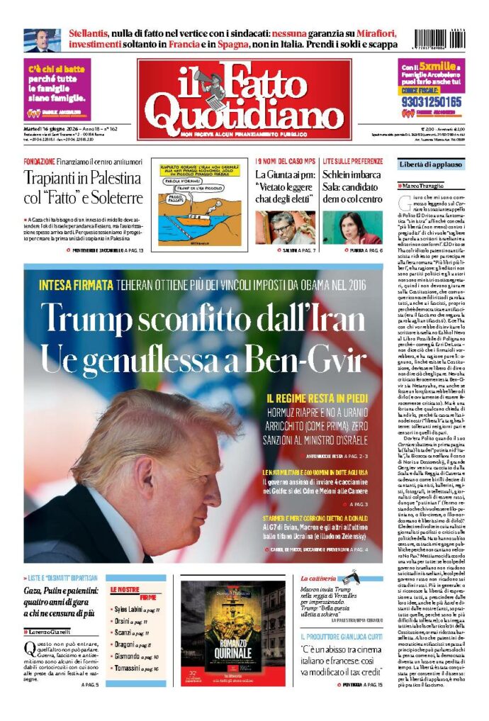 Copertina de Il Fatto Quotidiano di martedì 16 Giugno 2026