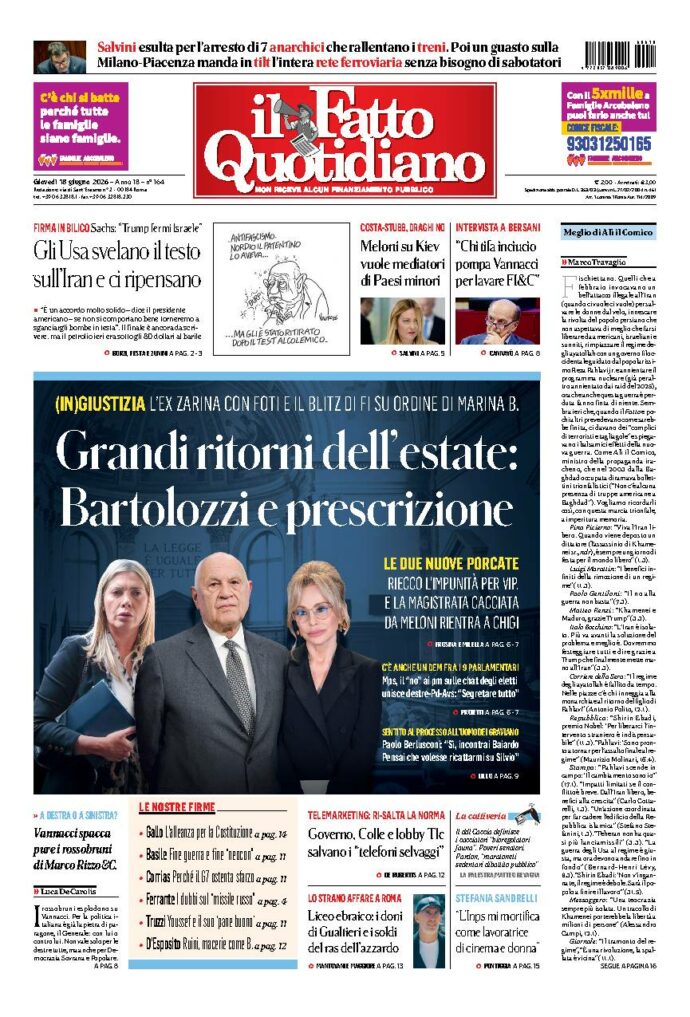 Copertina de Il Fatto Quotidiano di giovedì 18 Giugno 2026