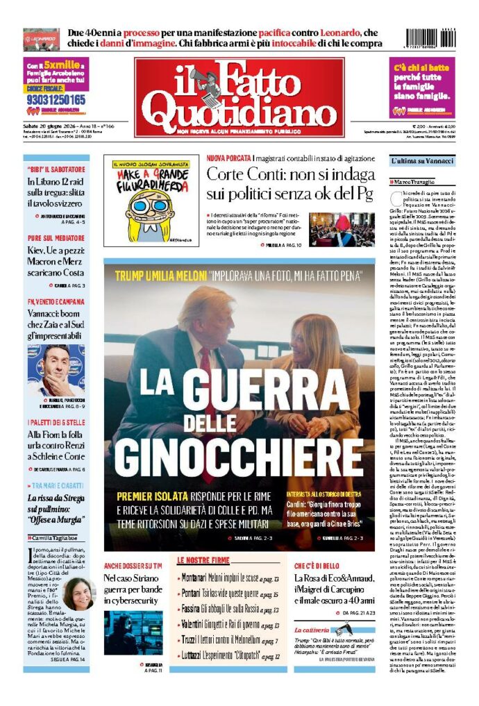 Copertina de Il Fatto Quotidiano di sabato 20 Giugno 2026
