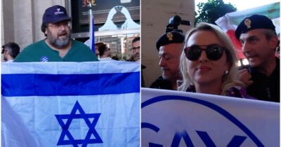 Copertina di Adinolfi e Pascale si presentano al Pride di Roma con le bandiere di Israele e dei “Gay conservatori”: tensione con i manifestanti