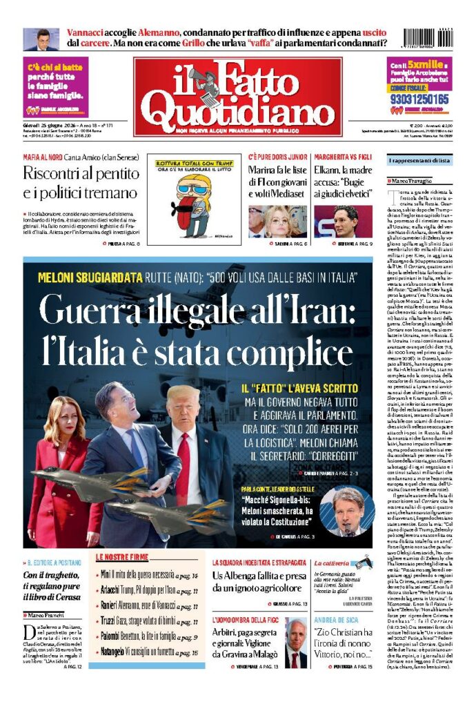 Copertina de Il Fatto Quotidiano di giovedì 25 Giugno 2026