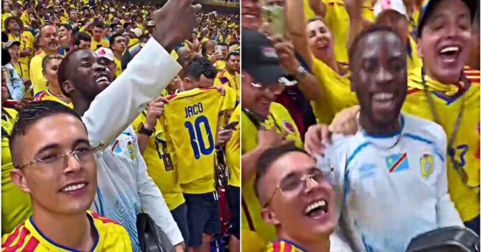 Un tifoso del Congo canta l’inno a squarciagola in mezzo a migliaia di tifosi colombiani: loro lo abbracciano