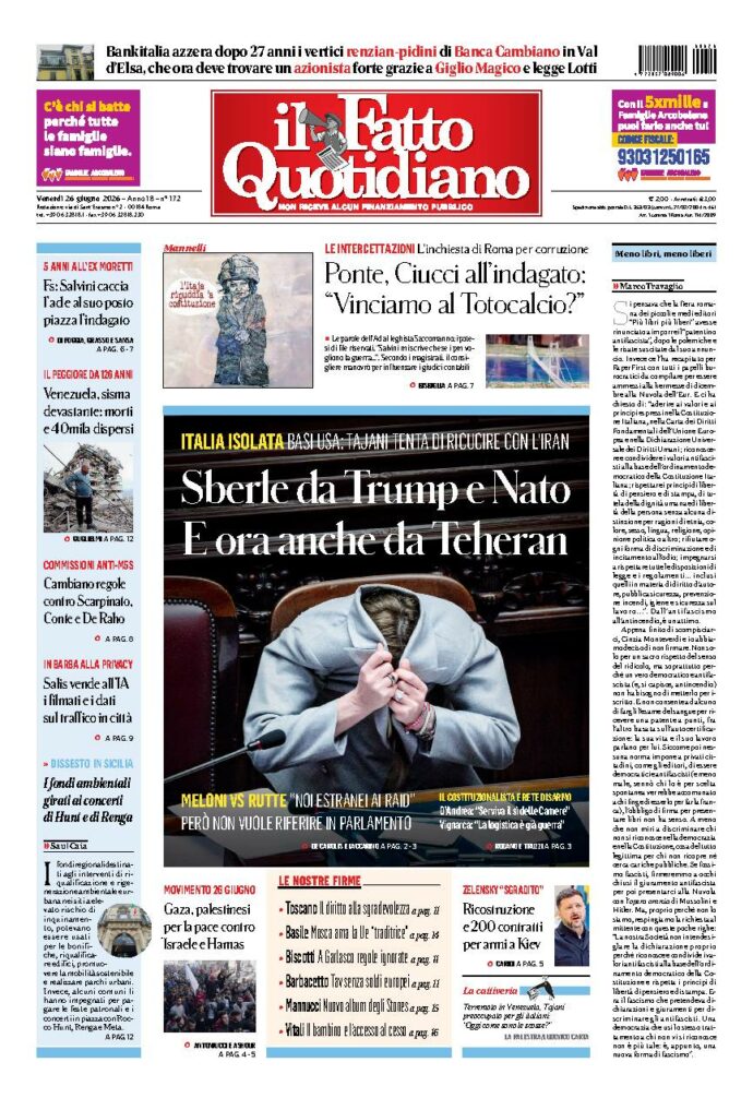Copertina de Il Fatto Quotidiano di venerdì 26 Giugno 2026