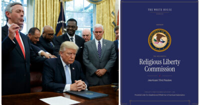 Copertina di Via il muro tra Stato e Chiesa, no vaccini per motivi religiosi, la Bibbia come base del diritto: così la Commissione voluta da Trump demolisce la laicità degli Usa