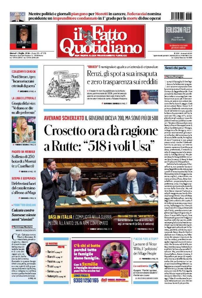 Copertina de Il Fatto Quotidiano di giovedì 2 Luglio 2026