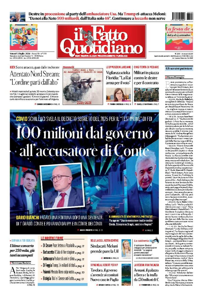 Copertina de Il Fatto Quotidiano di venerdì 3 Luglio 2026