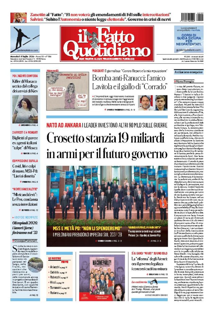 Copertina de Il Fatto Quotidiano di mercoledì 8 Luglio 2026