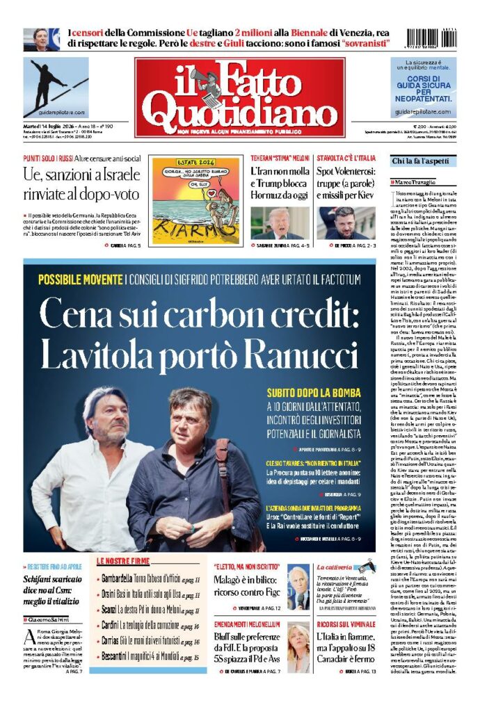 Copertina de Il Fatto Quotidiano di martedì 14 Luglio 2026